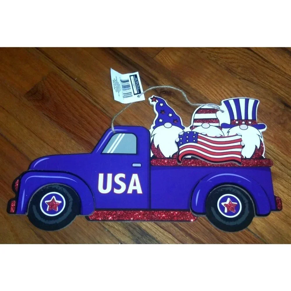 Lot of 2 Patriotic Pickup Trucks w/Gnomes & Flag 13